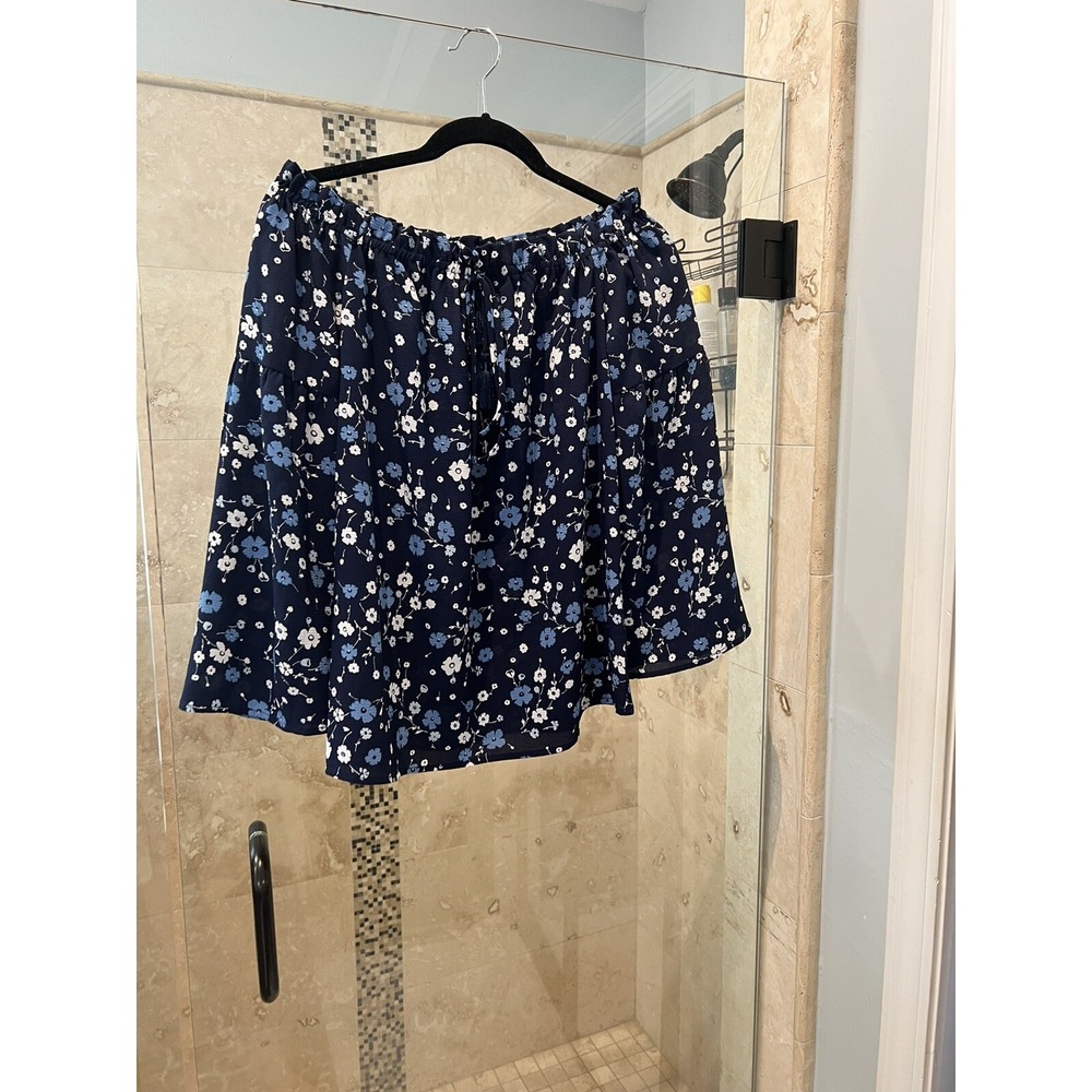 Michael Kors Womens Blouse Blue Floral Bell Sleeve Stretch Off Shoulder XS